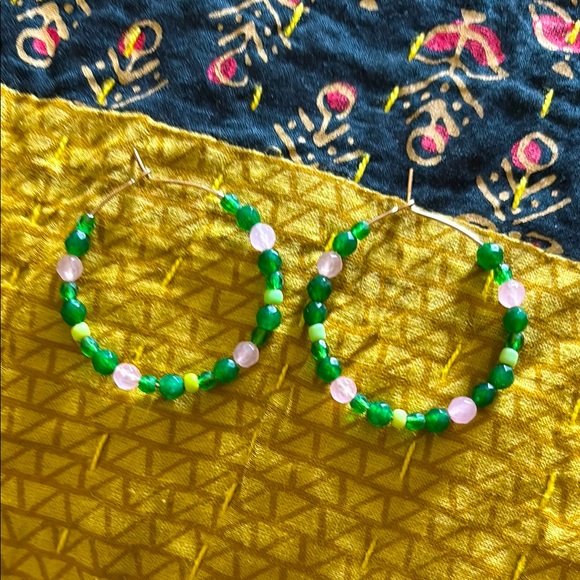Jewelry - Handmade beaded glass and jade gemstone hoop earrings